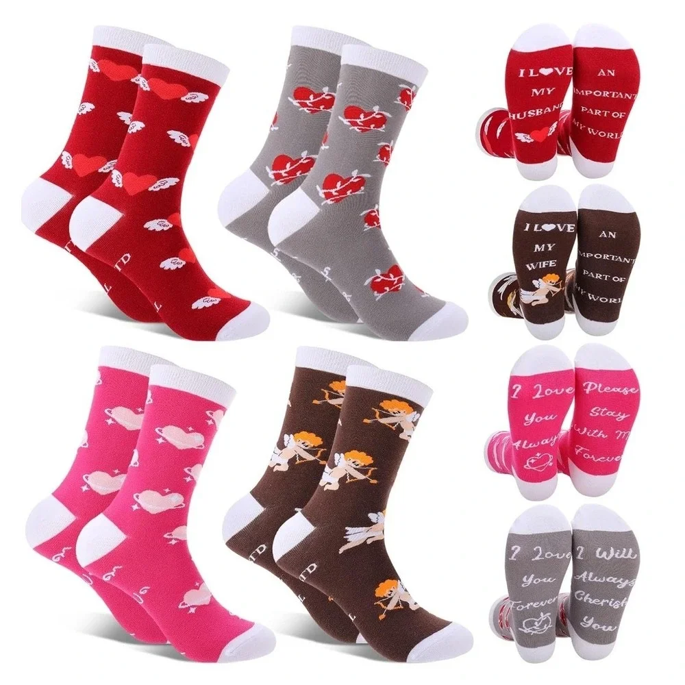 4 Pairs Couple Socks‎ Hearts Cupid Love Novelty Crew Socks Set